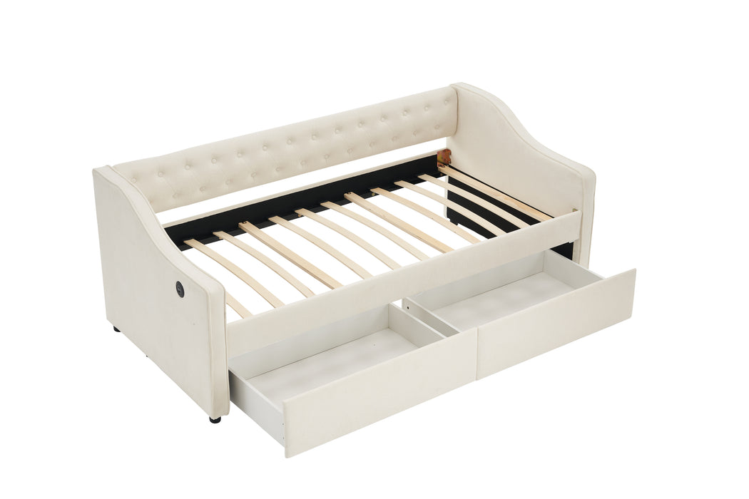 Twin Size Upholstered Daybed with Storage Drawers, Solid Wood Sofábed Bed Frame with Velvet Fabric & Wood Slat Support for Bedroom, Living Room, Office,Beige - DTYStore