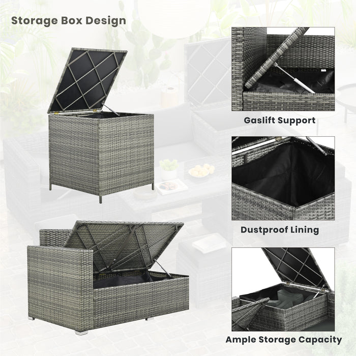 Outdoor 6-Piece All Weather PE Rattan Sofa Set, Garden Patio Wicker Sectional Furniture Set with Adjustable Seat, Storage Box, Removable Covers and Tempered Glass Top Table,Grey - DTYStore