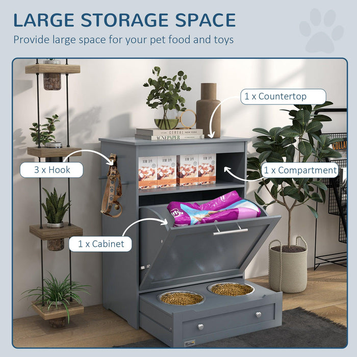 Pet Feeder Station, Storage Cabinet Dog Food Storage Container with Raised Dog Bowls and Hanger for Feeding & Watering Supplies, Gray - DTYStore
