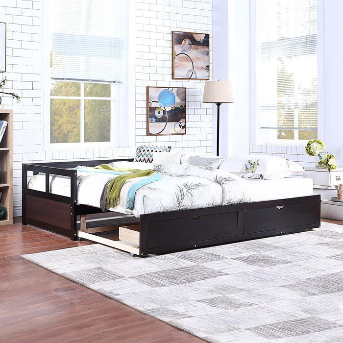 Wooden Daybed with Trundle Bed and Two Storage Drawers , Extendable Bed Daybed,Sofa Bed for Bedroom Living Room,Espresso - DTYStore