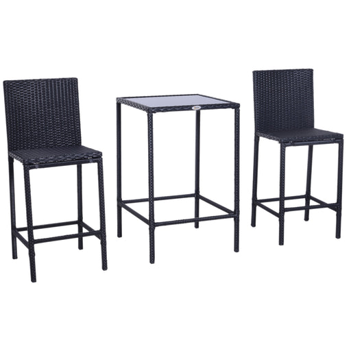 Outsunny 3pcs Rattan Bar Set with Glass Top Table, 2 Bar Stools for Outdoor, Patio, Garden, Poolside, Backyard - DTYStore