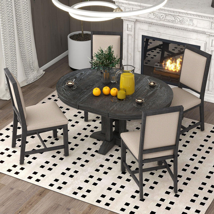 TREXM 5-Piece Dining Set Extendable Round Table and 4 Upholstered Chairs Farmhouse Dining Set for Kitchen, Dining Room(Black)