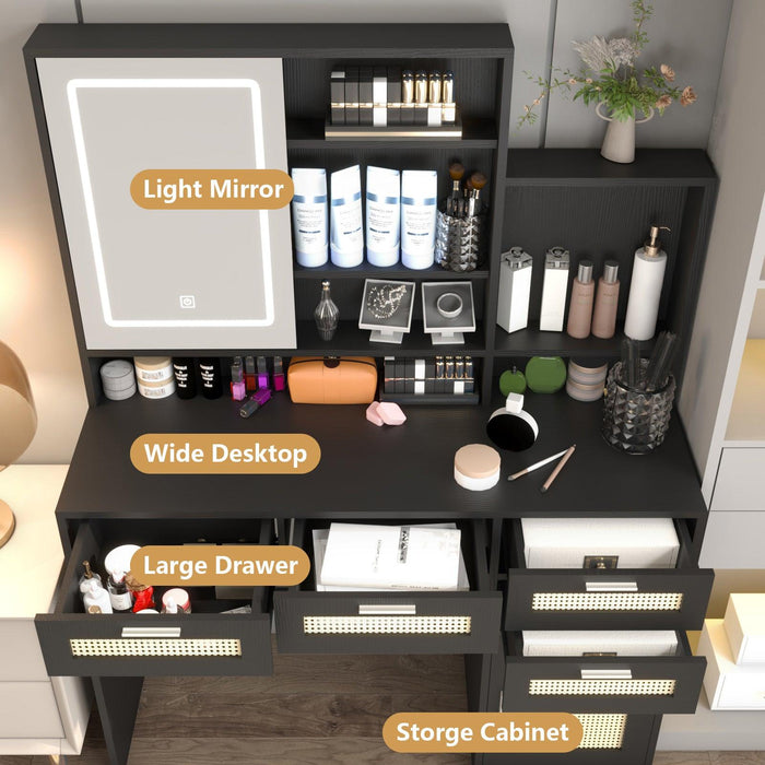 Makeup Vanity with Lights in 3 Colors & Openable Mirror, Vanity Desk with 4 Drawers & 1 Cabinets & Shelves, Vanity Table Rattan Vanity Dresser, for Bedroom