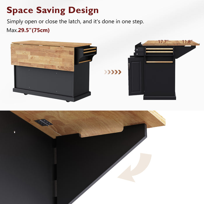 54inch Large Kitchen Island with Rubber Wood Drop Leaf, Embossed Texture Rolling Kitchen Cart on 4 Wheels with 4 Doors and 3 Drawers, Kitchen Island with Storage for Kitchen, Dining Room,Black - DTYStore