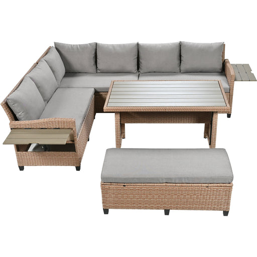 TOMAX 5-Piece Outdoor Patio Rattan Sofa Set, Sectional PE Wicker L-Shaped Garden Furniture Set with 2 Extendable Side Tables, Dining Table and Washable Covers for Backyard, Poolside, Indoor, Brown - DTYStore