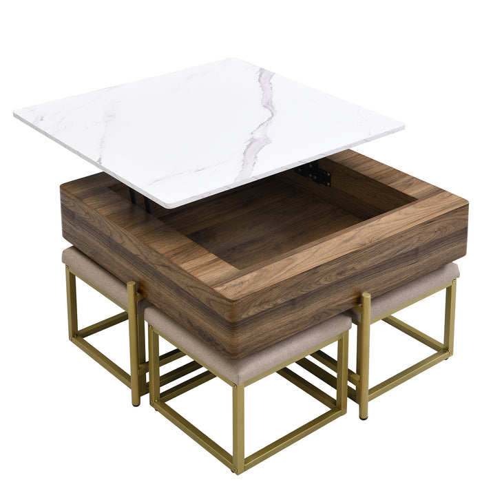 Modern Square Lift-Top Coffee Table Set with Storage & 4 Ottomans White & Walnut - DTYStore