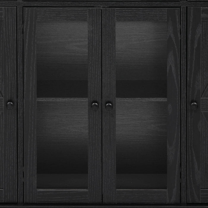 53'' Farmhouse Kitchen Island with Two Tempered Glass Cabinet Doors, Power Outlet, Rolling Kitchen Cart on Wheels with Drop Leaf, 5 Open Side Racks, 3 Drawers, for Kitchen, Dining Room, Black - DTYStore