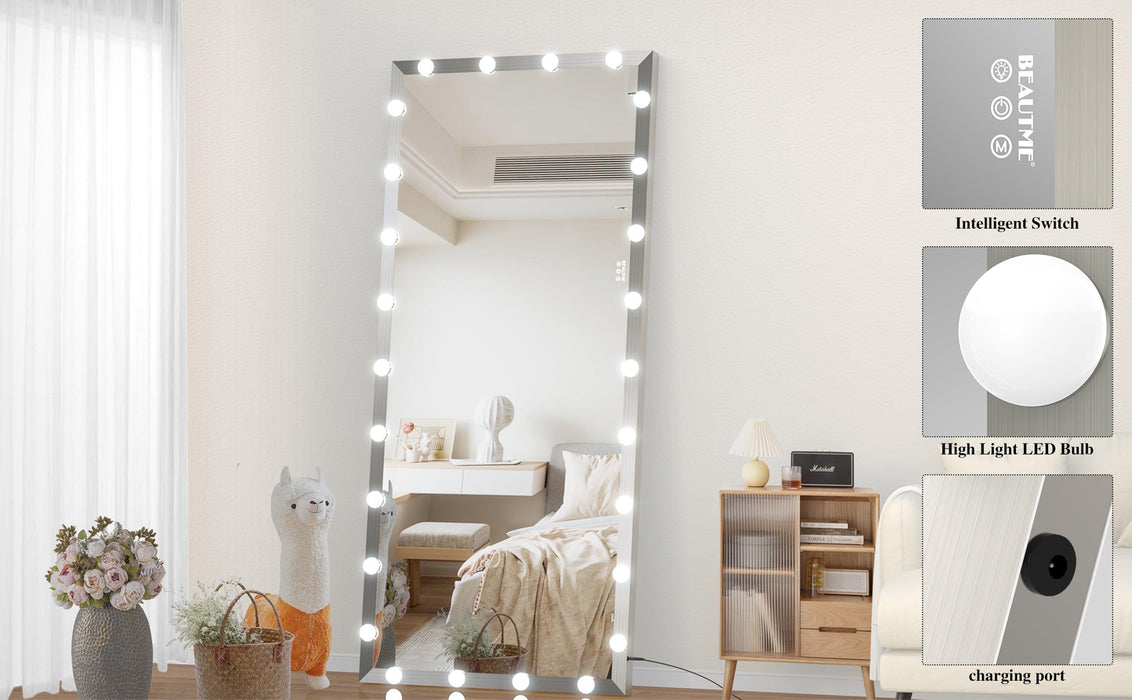 Hollywood Full Length Mirror with Lights Oversized Full Body Vanity Mirror with 3 Color Modes Lighted Large Standing Floor Mirror for Dressing Room Bedroom Hotel Touch Control,Silver,72X32 Inch