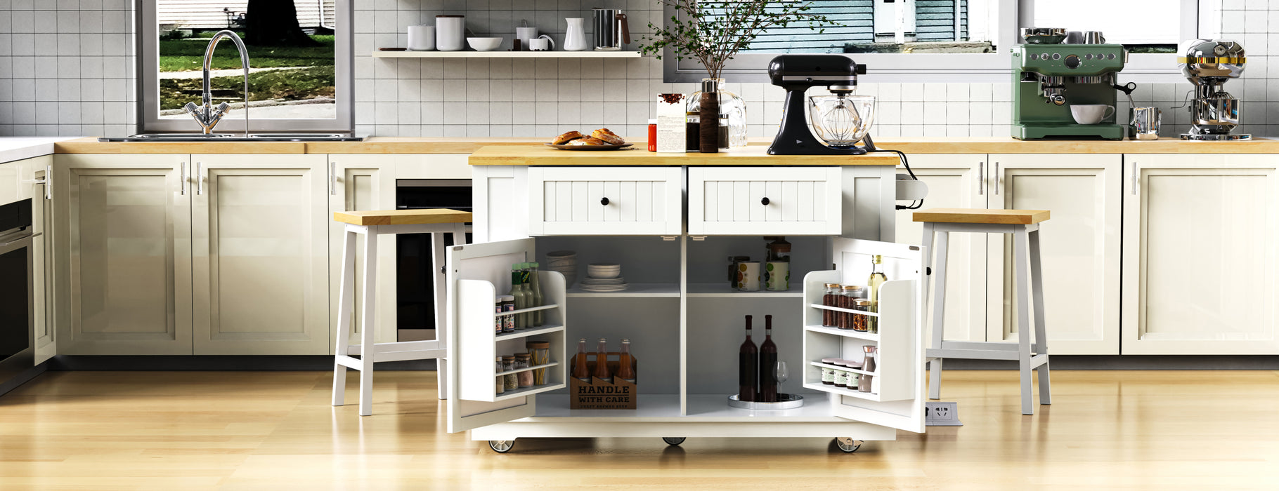 48inch Large Kitchen Island with 2 Bar Stools, Power Outlet, Door Internal Storage Rack, Kitchen Storage Cart on 5 Wheels with Drop Leaf, 5 Open Side Racks, 2 Drawers,for Kitchen,Dining Room,White - DTYStore