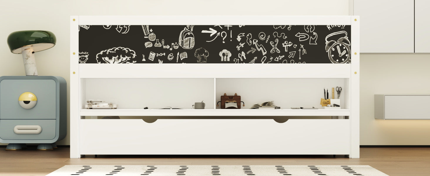 Twin Size Wood Low Loft Bed with Storage Shelves, Blackboard and Trundle, White - DTYStore