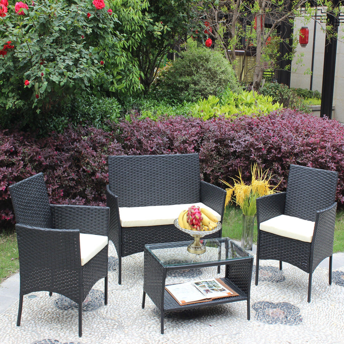 4 PC Rattan Patio Furniture Set Outdoor Patio Cushioned Seat Wicker Sofa (Beige Cushion) - DTYStore