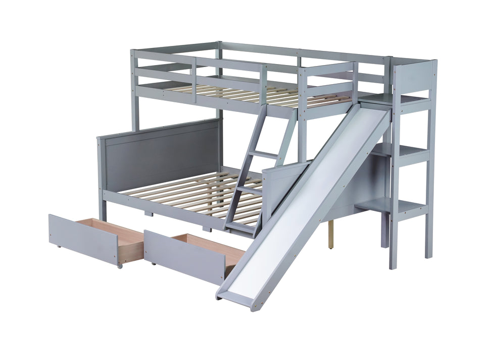 Twin over Full Bunk Bed with 2 Drawers, Slide, Shelves, Ladder, Rubber Wood Bunk Bed with Slide, Drawers,Grey(Old Sku:W504S00061) - DTYStore