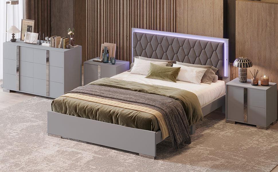 4-Pieces Bedroom Sets Queen Size Upholstered Bed with LED Lights, Mirrored Nightstands and Dresser with Metal Handles and Legs,Grey