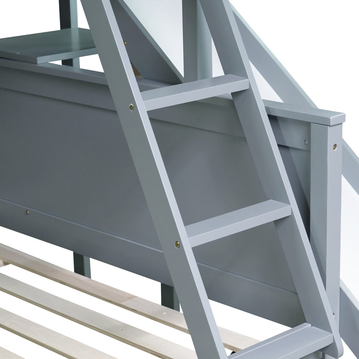 Twin over Full Bunk Bed with 2 Drawers, Slide, Shelves, Ladder, Rubber Wood Bunk Bed with Slide, Drawers,Grey(Old Sku:W504S00061) - DTYStore