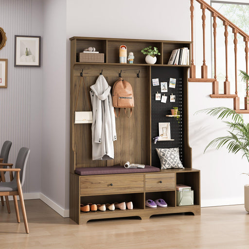 Multi-purpose Hallway Hall Tree with Removable Linen Cushioned Entryway Bench, Coat Rack, Storage Shelves, and DIY Pegboard,for Hallways, Living Room, Brown - DTYStore