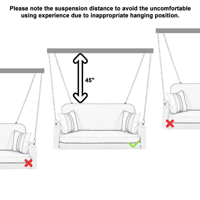 GPE Wicker Porch Swing, 2-Seater Hanging Bench With Chains, Patio Furniture Swing For Backyard Garden Poolside, White And Gray