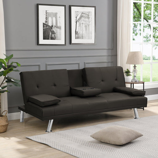 Sofa Bed with Armrest two holders WOOD FRAME, STAINLESS LEG, FUTON BROWN PVC,DARK BROWN - DTYStore