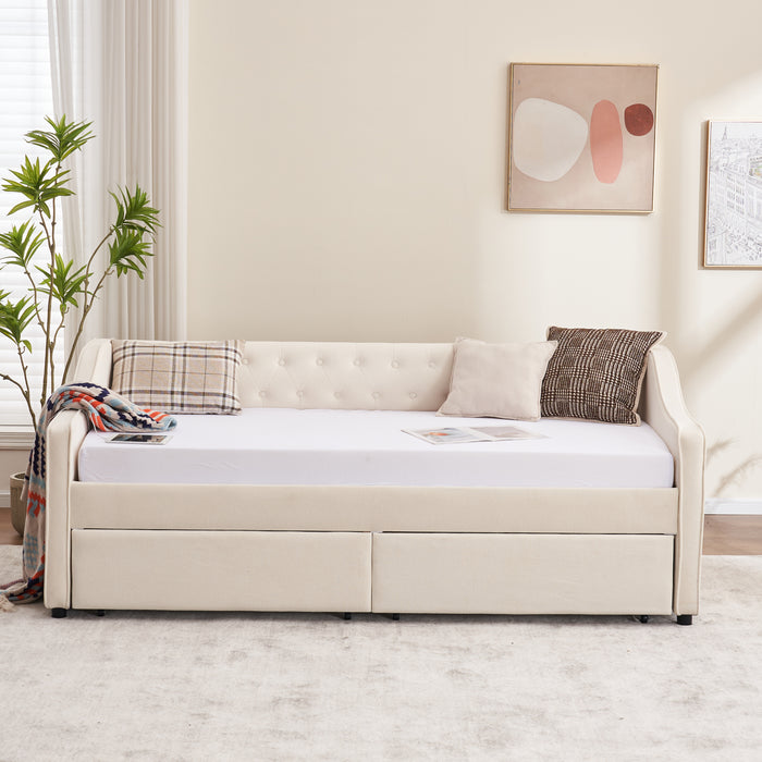 Twin Size Upholstered Daybed with Storage Drawers, Solid Wood Sofábed Bed Frame with Velvet Fabric & Wood Slat Support for Bedroom, Living Room, Office,Beige - DTYStore