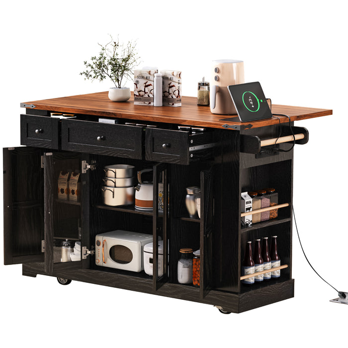 53'' Farmhouse Kitchen Island with Two Tempered Glass Cabinet Doors, Power Outlet, Rolling Kitchen Cart on Wheels with Drop Leaf, 5 Open Side Racks, 3 Drawers, for Kitchen, Dining Room, Black - DTYStore
