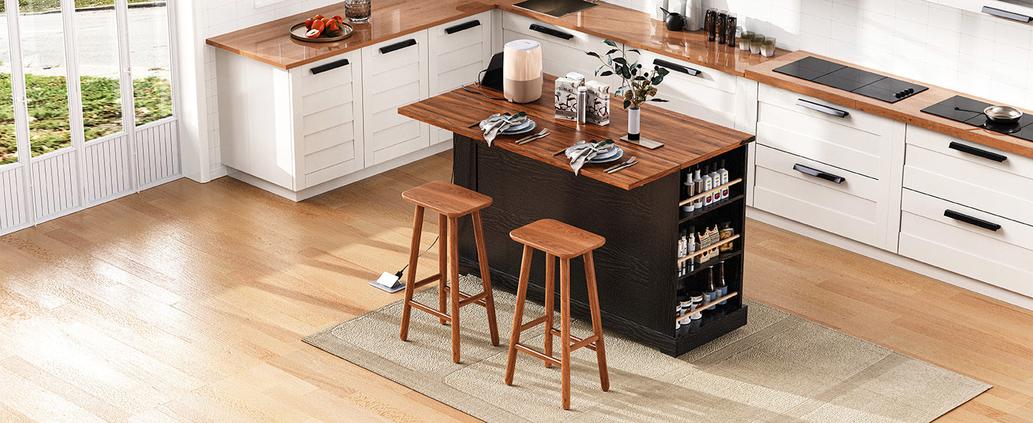 53'' Farmhouse Kitchen Island with Two Tempered Glass Cabinet Doors, Power Outlet, Rolling Kitchen Cart on Wheels with Drop Leaf, 5 Open Side Racks, 3 Drawers, for Kitchen, Dining Room, Black - DTYStore