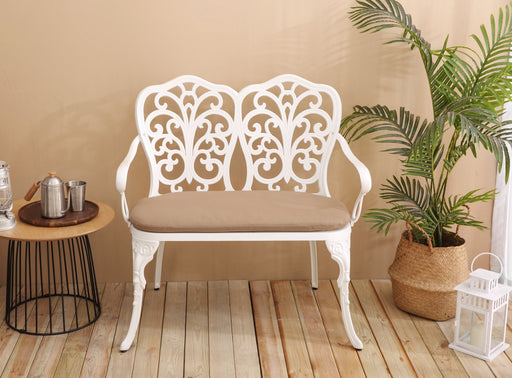 Patio Garden Bench Metal Park Bench Cast Aluminum Outdoor Furniture with Floral Rose for Patio,Park,Lawn,Yard with cushion white - DTYStore