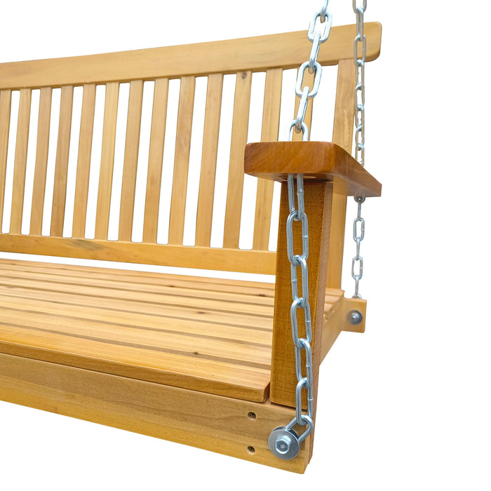 Front Porch Swing with Armrests, Wood Bench Swing with Hanging Chains,for Outdoor Patio ,Garden Yard, porch, backyard, or sunroom,Easy to Assemble,teak