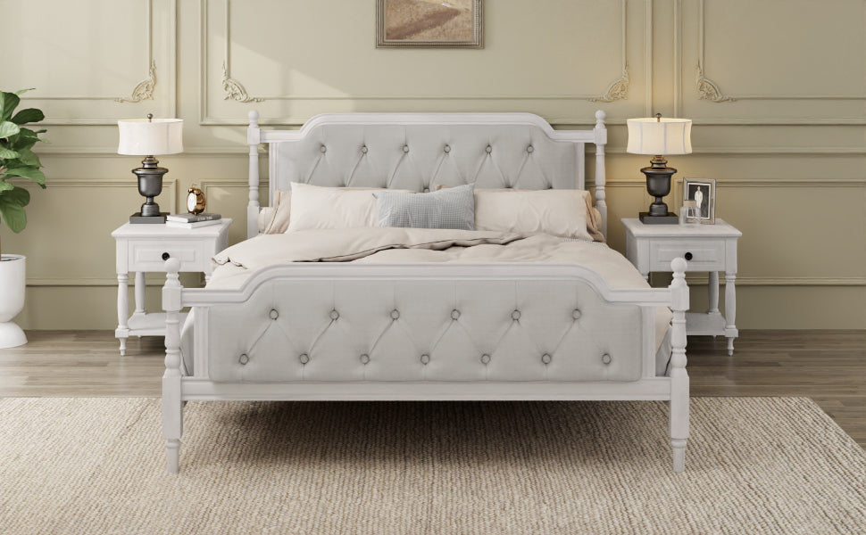Traditional Style Solid Wood Bed Frame with Upholstered Tufted Headboard,No Box Spring Needed,Queen Size, Antique White - DTYStore