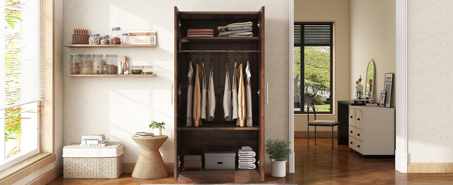 2-Door Wooden Wardrobe Armoire with 3 Storage Shelves, Brown