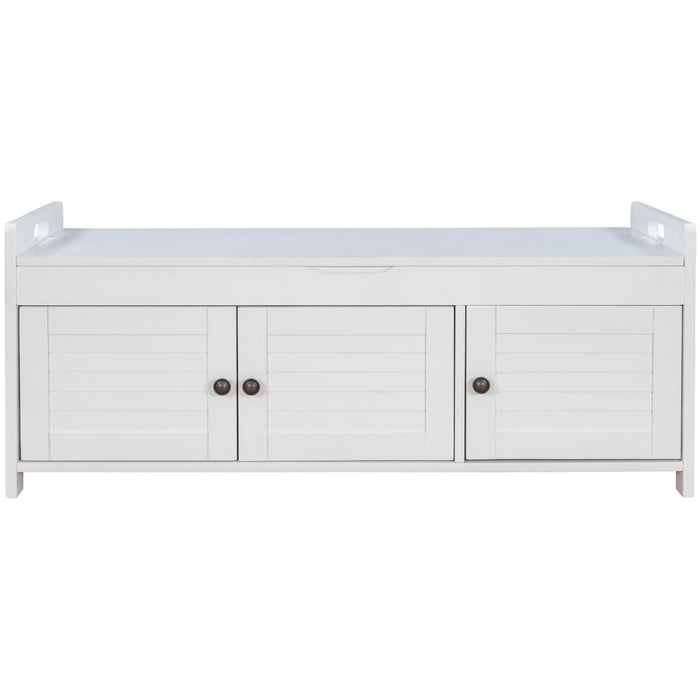 Storage Bench with 3 Shutter-shaped Doors, Removable Cushion and Hidden Storage Space