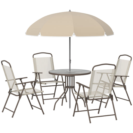 Outsunny 6 Piece Patio Dining Set for 4 with Umbrella, Outdoor Table and Chairs with 4 Folding Dining Chairs & Round Glass Table for Garden, Backyard and Poolside, Beige - DTYStore