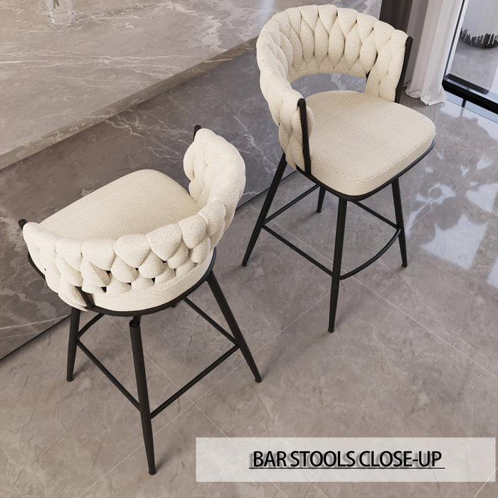 26' Bar Chair Linen Woven Bar Stool Set of 2,Black legs Barstools No Adjustable Kitchen Island Chairs,360 Swivel Bar Stools Upholstered Bar Chair Counter Stool Arm Chairs with Back Footrest (White) - DTYStore
