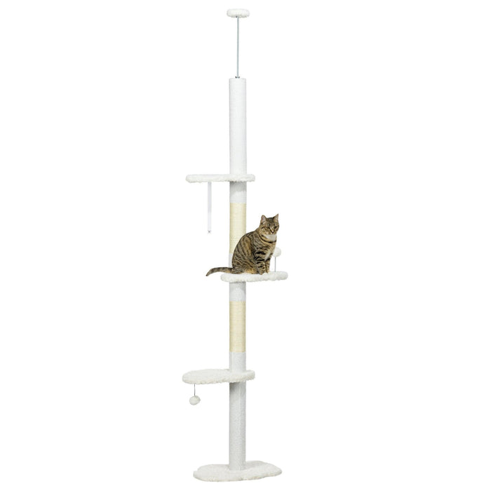 Floor to Ceiling Cat Tree with Scratching Posts, 88.5"-100.5" Adjustable Height, Cat Climbing Tower with Cloud Shape Platforms, Toy Balls, Anti-toppling Device, White