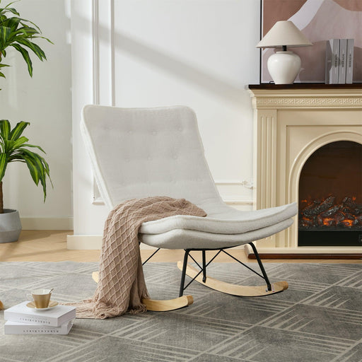 Lazy Rocking Chair,Comfortable Lounge Chair with Wide Backrest and Seat Wood Base, Upholstered Armless Rocker Chair for Living room, Balcony,Bedroom and Patio Porch. (WHITE) - DTYStore