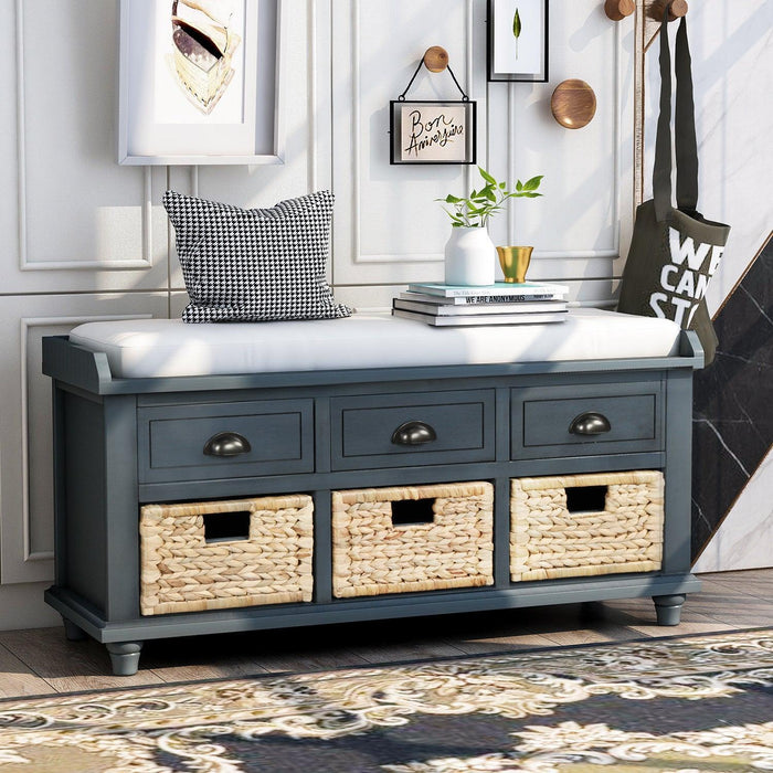 Rustic Storage Bench with 3 Drawers and 3 Rattan Baskets, Shoe Bench for Living Room, Entryway Antique Navy