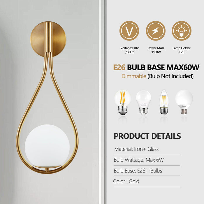 Set of 2 Modern Golden Wall Sconces with Opal Glass Globe, Mid-Century Design, Luxury Wall Lights for Bedroom, Living Room, Hallway (No Bulb)