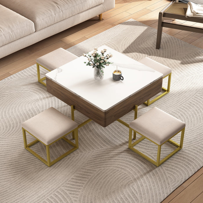 Modern Square Lift-Top Coffee Table Set with Storage & 4 Ottomans White & Walnut - DTYStore