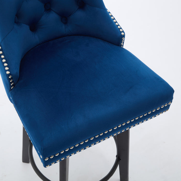 Modern Swivel Bar Stools Velvet Barstools Button Tufted Bar Stools Rivet Trim Bar Stools for Kitchen Island,Bistro, with Metal Pull Ring Sturdy Footrest Large Backrest for Home Bar,Navy Blue 1pc - DTYStore
