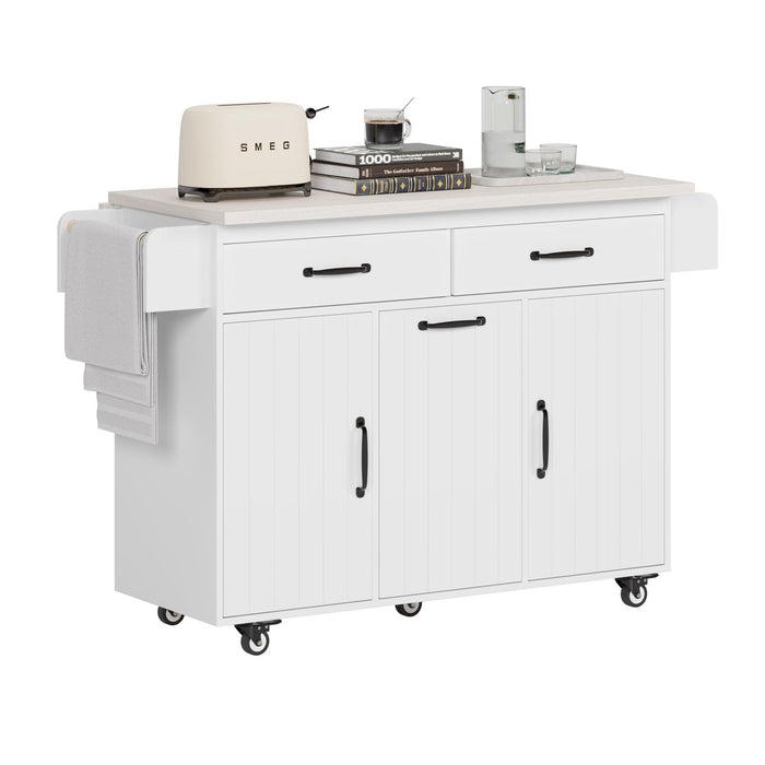 Kitchen Island with Trash Can Storage Cabinet, Kitchen Cart with Drop Leaf, Spice Rack, Towel Rack and Drawer, Rolling Kitchen Island on Wheels with Adjustable Shelf, White - DTYStore
