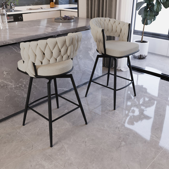 26' Bar Chair Linen Woven Bar Stool Set of 2,Black legs Barstools No Adjustable Kitchen Island Chairs,360 Swivel Bar Stools Upholstered Bar Chair Counter Stool Arm Chairs with Back Footrest (White) - DTYStore