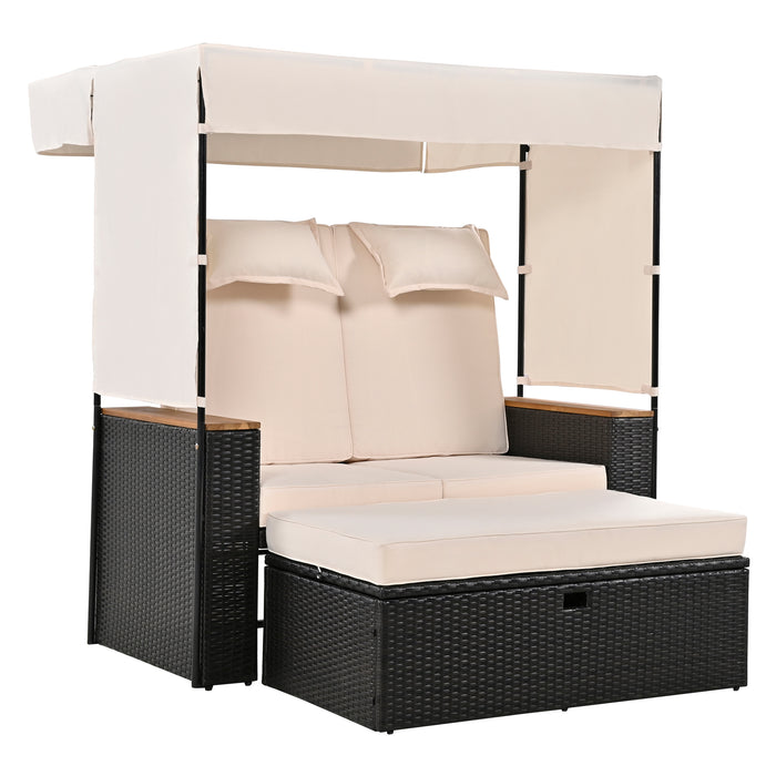 2-Piece Outdoor Rattan Daybed, Outdoor Bed with 5 Positions, Outdoor Loveseat Patio Sofa with Bench Lounge Roof Set and Cushions for Poolside, Backyard and Garden (Brown Wicker + Beige Fabric) - DTYStore