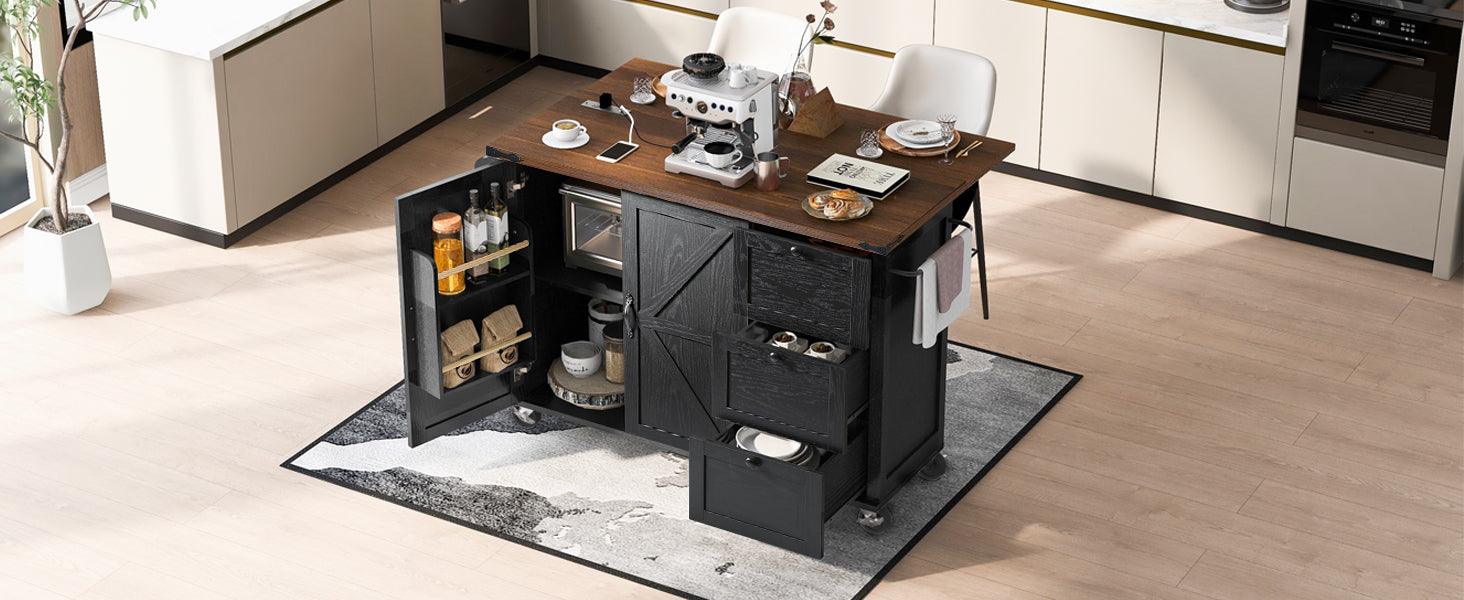 K&K 54.5" Farmhouse Kitchen Island with Power Outlet, Kitchen Storage Island with Internal Storage Rack, Drop Leaf, Spice Rack, Rolling Kitchen Cart on Wheels, for Home, Kitchen and Dining Room,Black