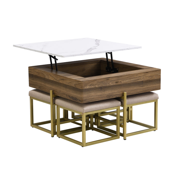 Modern Square Lift-Top Coffee Table Set with Storage & 4 Ottomans White & Walnut - DTYStore