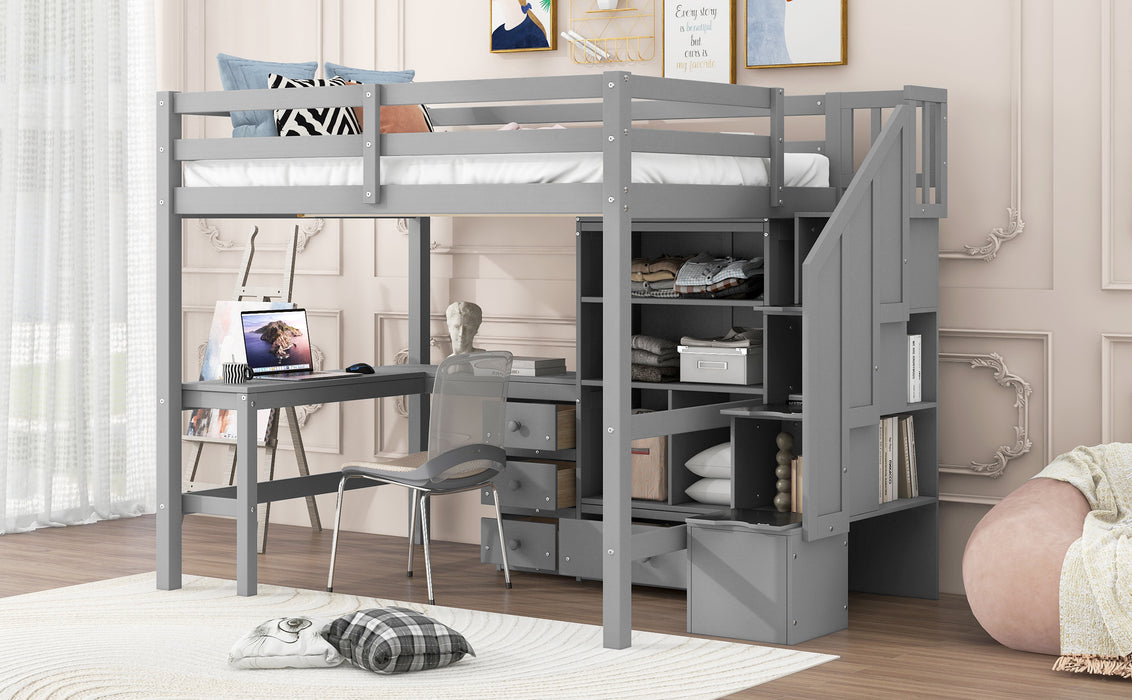 Full Size Loft Bed with L-Shaped Desk and Drawers, Cabinet and Storage Staircase, Gray - DTYStore