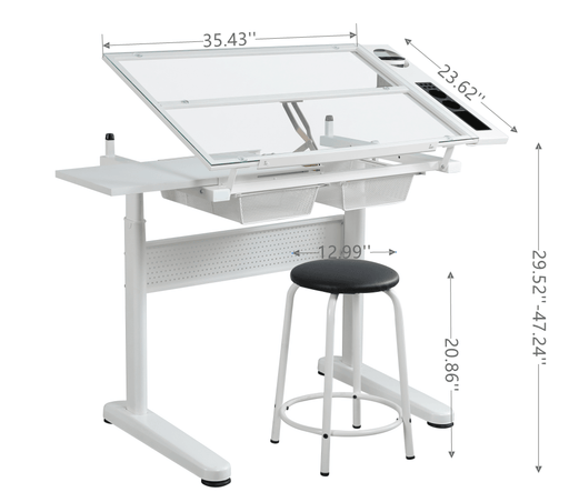 Hand Crank Adjustable Drafting table drawing desk with 2 metal drawers (white)WITH STOOL - DTYStore