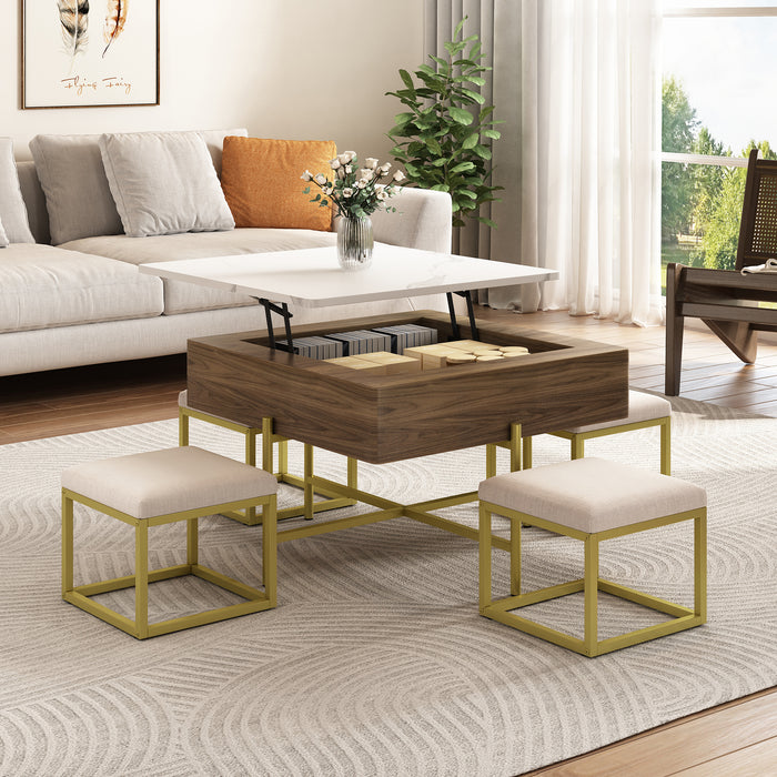 Modern Square Lift-Top Coffee Table Set with Storage & 4 Ottomans White & Walnut - DTYStore