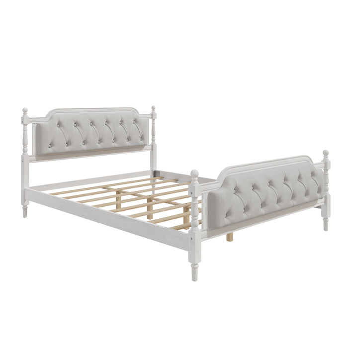Traditional Style Solid Wood Bed Frame with Upholstered Tufted Headboard,No Box Spring Needed,Queen Size, Antique White - DTYStore