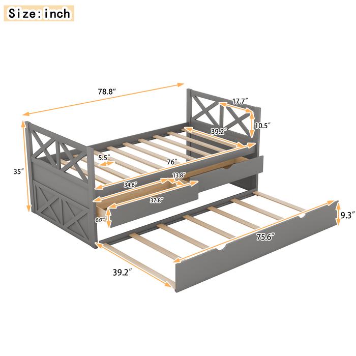 Multi-Functional Daybed with Drawers and Trundle, Gray