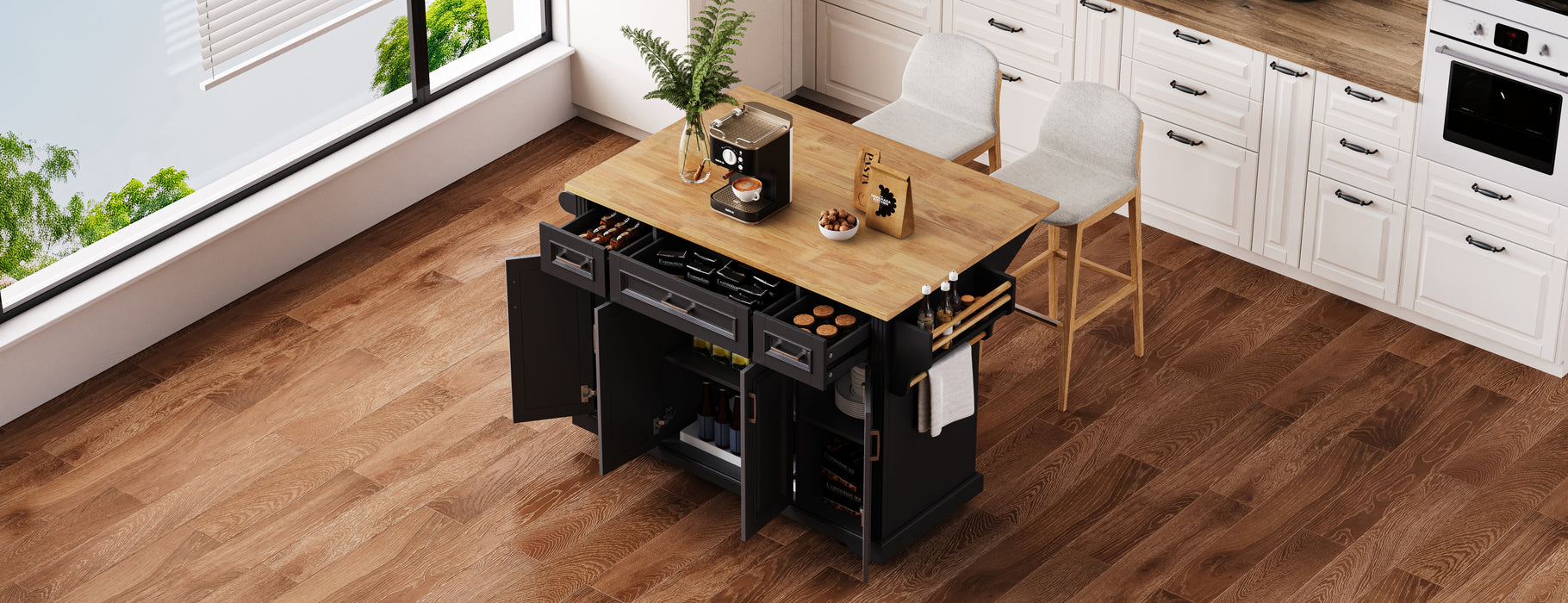 54inch Large Kitchen Island with Rubber Wood Drop Leaf, Embossed Texture Rolling Kitchen Cart on 4 Wheels with 4 Doors and 3 Drawers, Kitchen Island with Storage for Kitchen, Dining Room,Black - DTYStore