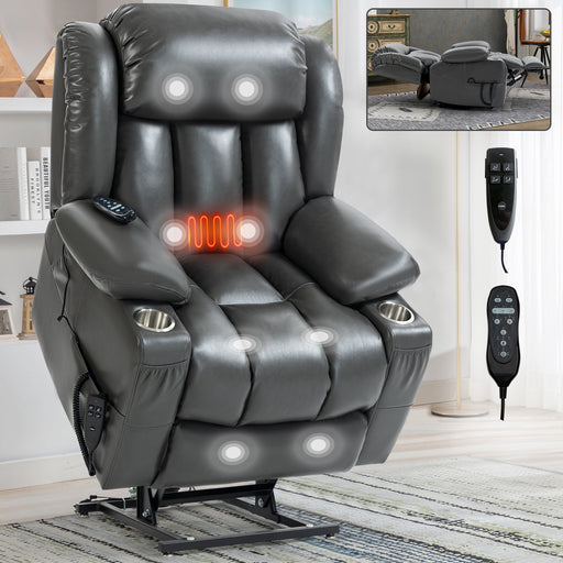 Dual Motor Infinite Position Up to 350 LBS Leatheraire Power Lift Recliner Chair, Heavy Duty Motion Mechanism with 8-Point Vibration Massage and Lumbar Heating, Stainless steel Cup Holders, Grey - DTYStore