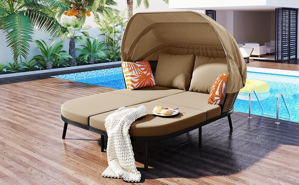 74.8" L Patio Daybed with Retractable Canopy, Outdoor Rattan PE Wicker Loveseat Sofa Set with Throw Pillows and Cushions for Backyard, Poolside, Garden